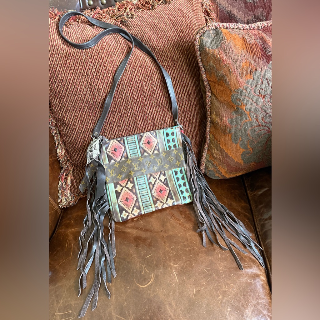 Keep It Gypsy Brown Aztec Stamped Cowhide Genuine Leather Fringe Cross Body